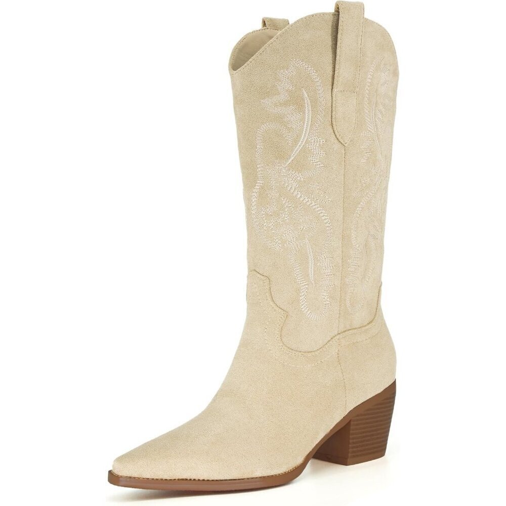 Women's Faux Leather Beige Calf Height Cowgirl Pointed Toe and Block Heel Boots
